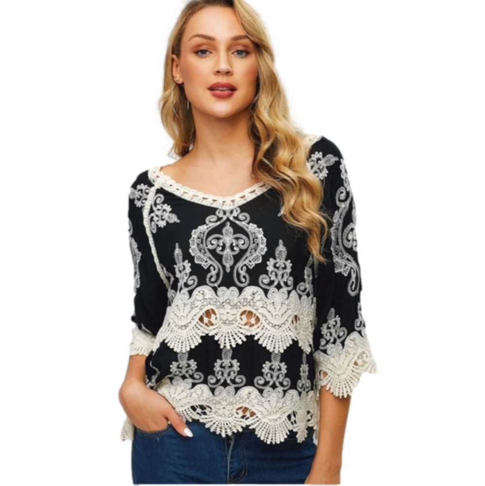 Black and cream crochet blouse